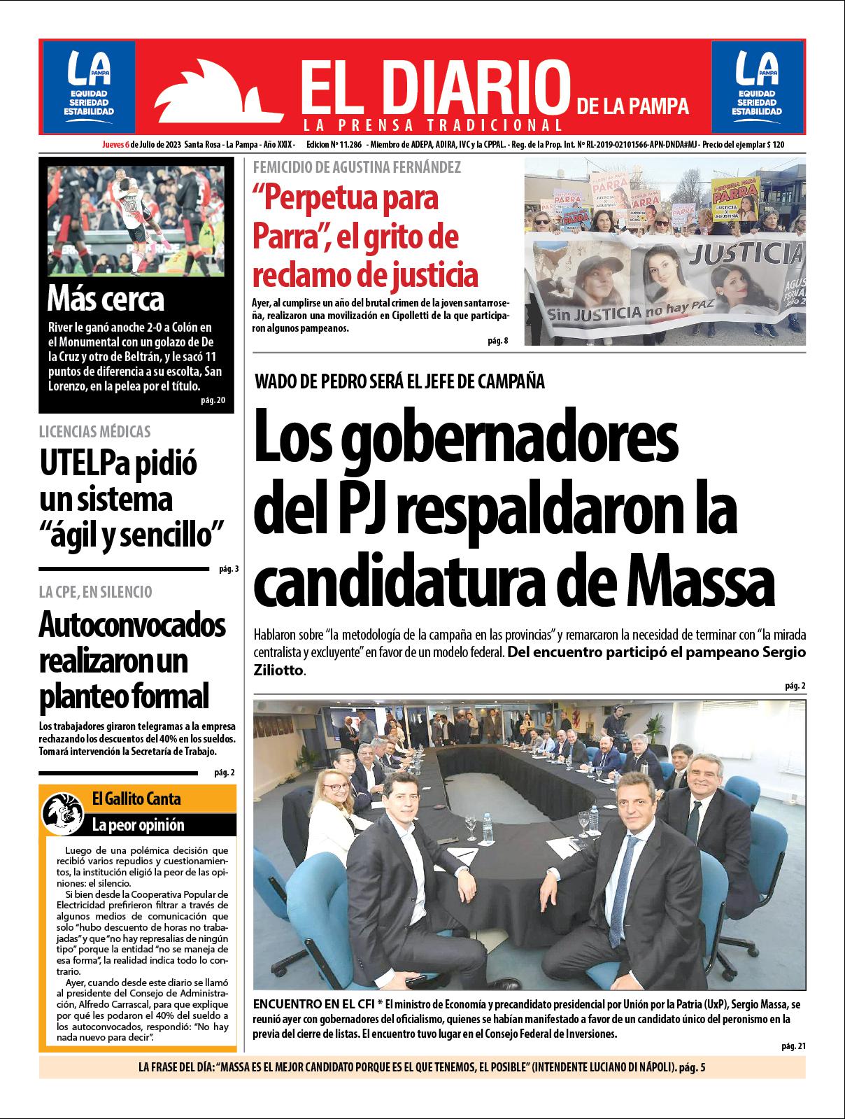 Tapa de El Diario en papel  jueves 06 de julio de 2023